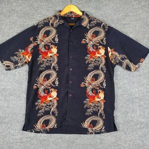Y2K Box Office Island Mens Black Dragon Phoenix Short Sleeve Button Up Shirt M